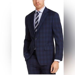 Michael Kors Mens Wool Suit Jacket Navy Blue Plaid SZ 42L Double Button Front